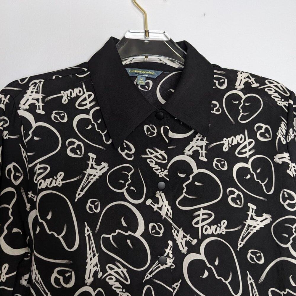 Catherine Malandrino Black Paris Faces Print Blouse Long Sleeve Button Up Size M - Picture 5 of 8